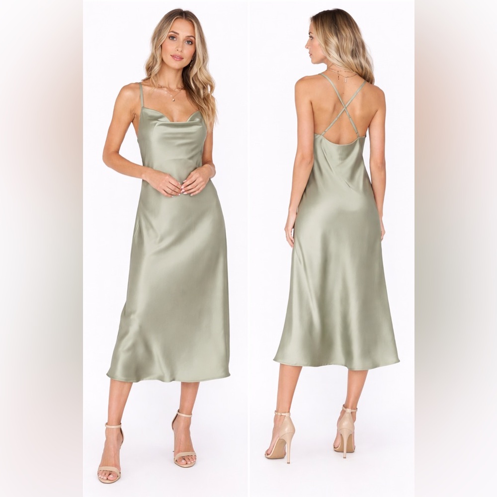 Nwot Show Me Your MuMu Verona Cowl Neck Satin Midi Dress Deep Sage Green Size L